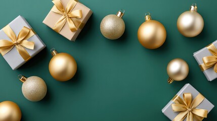 Elegant christmas decoration with golden ornaments on green background for holiday design