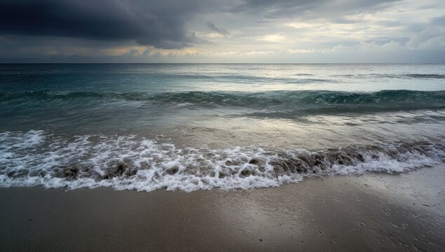 Dark, stormy ocean waves reach a sandy, serene beach
