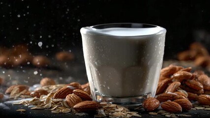 Glass of creamy almond milk captured mid-splash against a deep black background, almonds and oat flakes scattered around, droplets frozen in motion, dramatic lighting highlighting