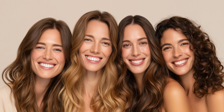 A group of four beautiful, diverse adult women with long, flowing brown hair, smiling genuinely and confidently at the camera, promoting beauty, health, and authentic female friendship