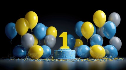 A birthday cake with a large "1" is surrounded by yellow, blue, and grey balloons