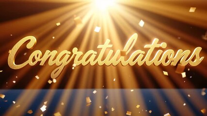 Golden congratulations text with falling confetti and dramatic light rays lettering - Powered by Adobe