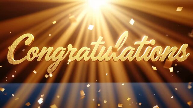 Golden congratulations text with falling confetti and dramatic light rays lettering