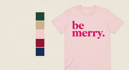 Light pink t-shirt featuring 'be merry' text in dark pink, alongside a column of various color swatches.
