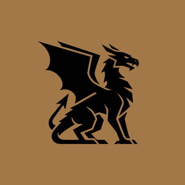 Stylized black silhouette of a mythical dragon creature with wings on a solid brown background, depicted in a geometric and angular art style.