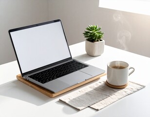 Fototapeta premium Clean modern desk with bamboo laptop stand, matching keyboard and mouse, ceramic coffee cup, succulent, and linen mousepad. Eco-friendly and photorealistic. 
