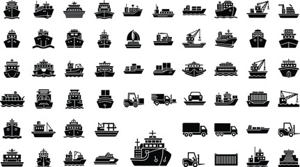 Cargo ship ferry transport icons set with logistics trucks forklifts container vessels marine shipping industry boat collection symbols © MdSobhan