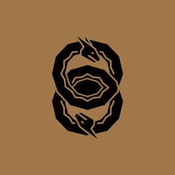 A stylized black ouroboros symbol, depicting two dragons consuming each other in a continuous loop, on a brown background.