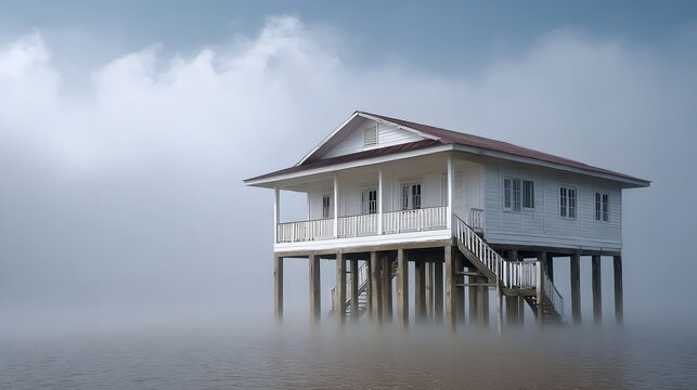 A solitary traditional white wooden house on stilts stands above foggy calm water bathed in atmospheric light under a dramatic cloudy sky