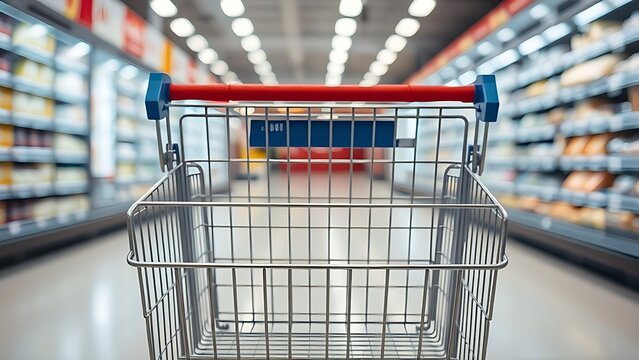 shoppinglist. Shopping cart in supermarket aisle with clean metal frame and blurred grocery background. pitch deck slides, case study pages, designed for brand storytelling and e-commerce strategy.