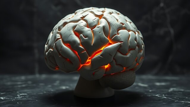 psychological. A cracked marble brain sculpture with fading internal light on a dark background. wellbeing guides, coaching materials, designed for coaching and self-improvement content.
