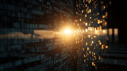 A beautiful glow emerges as sunlight seeps through a wall of binary code, creating a captivating blend of light and technology. This striking binary code enhances the visual landsc