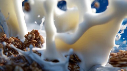High-detail composition of cereal pieces hitting milk, milk erupting in dynamic forms, flying flakes and droplets against a bold blue background, cinematic motion capture emphasizi - Powered by Adobe