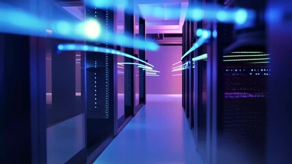 Futuristic data center aisle with glowing blue light trails and server racks technology - Powered by Adobe