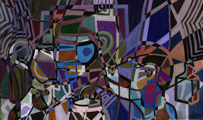 hand-drawn illustration, abstract multicolored of a decorative still life of dishes background from paints on a palette close-up