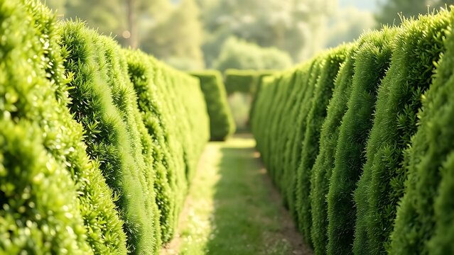 privet. Carefully trimmed privet hedges in neat rows forming green walls, soft focus background. gardening catalogs, home-decor guides, designed for home decor and floral branding.