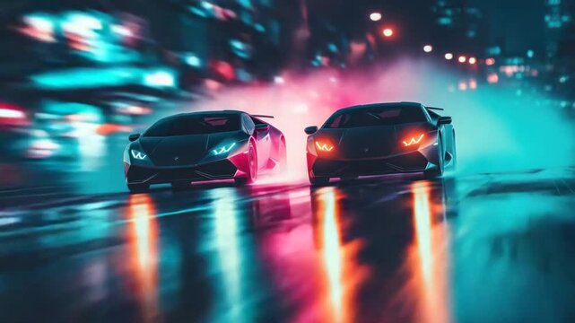 Two sleek sports cars race on a neon-lit road at night, lights reflecting on the wet pavement