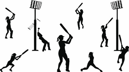 Dynamic cricket game silhouettes in action, perfect for sports promotions, team branding, or energetic designs with a modern, sporty feel and competitive spirit