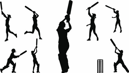Dynamic cricket silhouettes action poses, women's league sports team in motion, competitive spirit, batting, bowling, fielding excitement, competitive cricket