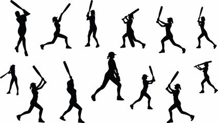 Dynamic silhouettes of female softball players swinging bats, perfect for sports teams, athletic brands, or empowering women's initiatives, originally a scalable graphic