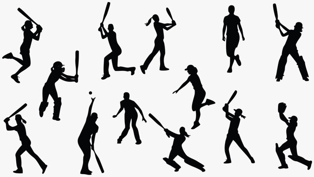 Dynamic vector silhouettes of female baseball and softball players in action, capturing the spirit and energy of women's sports with powerful athletic poses