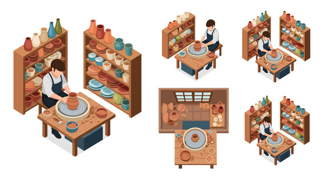 Engaging pottery studio isometric illustrations showing artisan crafting clay vases and colorful ceramic art for creative design projects