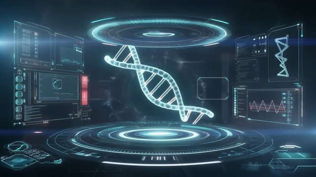 A floating holographic interface analyzes a glowing DNA helix with smooth transitions. Clean futuristic medical UI design, no text or logos, calm scientific style