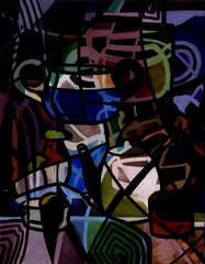 hand-drawn illustration, abstract multicolored of a decorative still life of dishes background from paints on a palette close-up