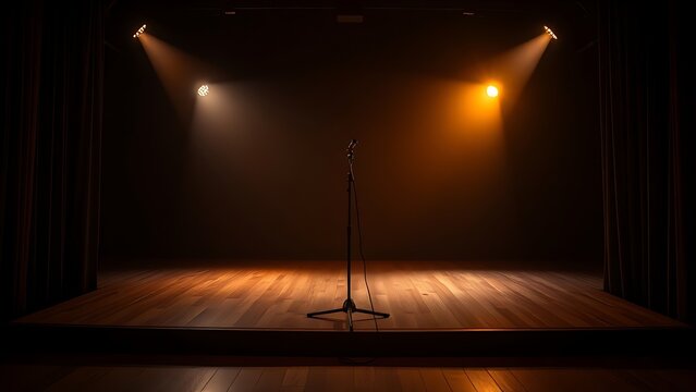 Small concert stage with wooden floor and a single microphone stand in warm spotlight.