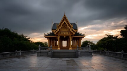 A golden Thai pavilion stands majestically on a stone terrace beneath a dramatic stormy sky at sunset