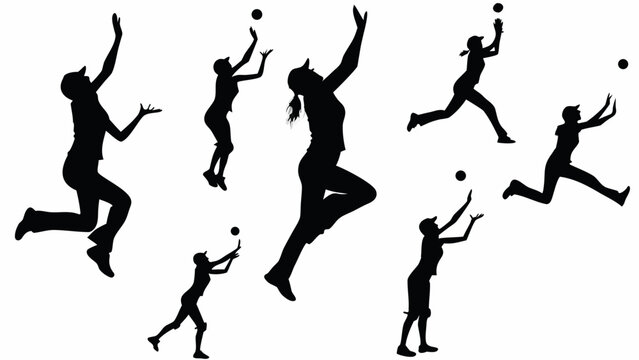 Dynamic volleyball action silhouettes, women athletes in motion, conveying energy and teamwork, perfect for sports branding and promotional materials, vector origin