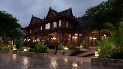 Obraz premium Traditional Thai wooden house with ornate gables illuminated at twilight with wet ground and surrounding greenery
