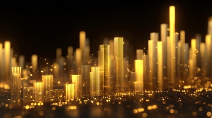 Fototapeta premium Abstract Golden Cityscape with Illuminated Skyscrapers and Sparkling Particles Representing Growth and Financial Success in a Digital World