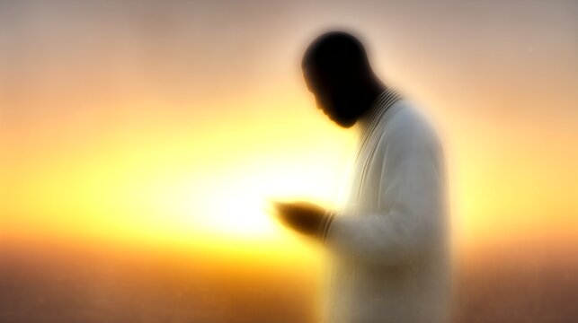 A man stands against a beautiful sunset, gazing intently at his smartphone as the vibrant colors merge in the background. The warm hues of the sunset illuminate the man, creating a