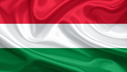 Hungarian national flag with red, white, and green horizontal stripes on wrinkled fabric.