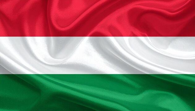Hungarian national flag with red, white, and green horizontal stripes on wrinkled fabric.
