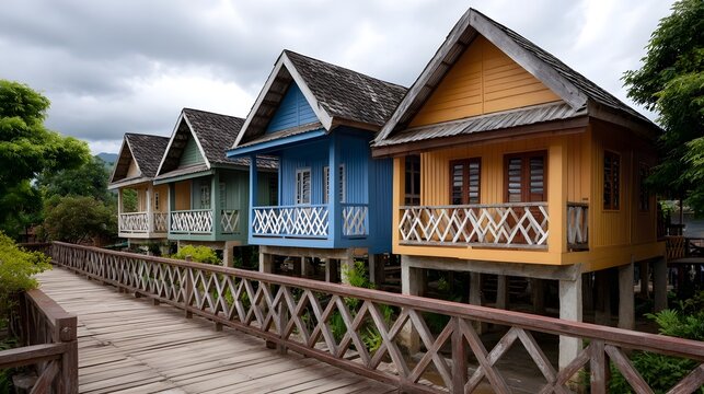 A row of colorful stilted houses with wooden walkways set against a tropical landscape under a cloudy sky