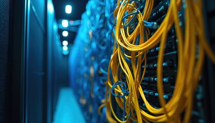 Tangled network cables in data center server room. Yellow, blue wires form complex maze, suggesting intricate digital infrastructure, connectivity issues advanced tech. Blurred background with lights.