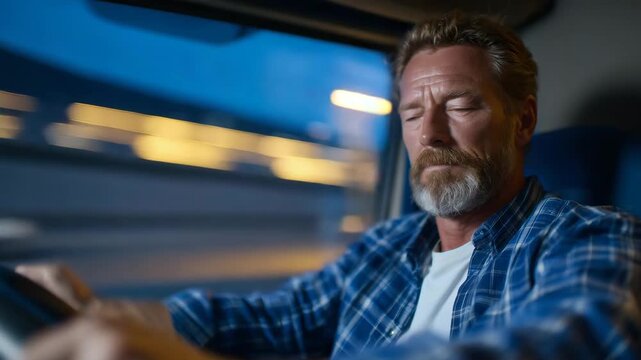 Inside a long-haul truck cab at night, exhausted driver&rsquo;s head tilting as fatigue overtakes him, soft blue dashboard glow illuminating his face, blurred lights of the highway ahead