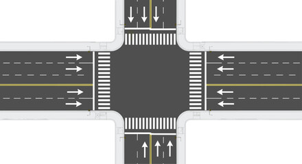 Clear road intersection with crosswalks, lane markings, and directional arrows for urban planning, transport projects, and safety design visuals