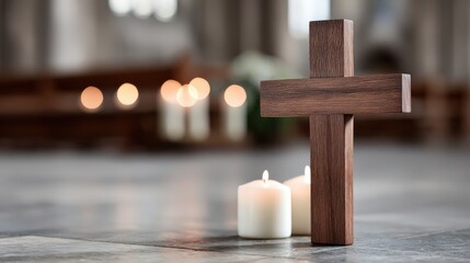 Tranquil church setting with wooden cross and candlelight