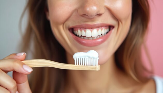 Woman smiles showing perfect white teeth ready to brush with toothpaste on bamboo toothbrush. Daily oral hygiene routine for healthy gums and fresh breath.