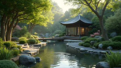 Fototapeta premium Tranquil Zen Garden Design Ideas. Ultra Realistic Japanese Garden Inspirations. Creating Peaceful Outdoor Spaces. Serenity and Calm in Zen Landscapes.
