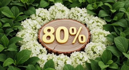 Golden 80 percent on wood slice, surrounded by white hydrangeas and green leaves. Showcase for a sale or discount, suggesting natural, attractive offer