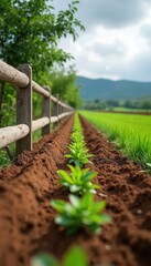 Row of young green seedlings sprouts in tilled furrow on farm. New plants grow in fertile soil near wooden fence. Agricultural scene of organic cultivation, planting season in spring. Countryside