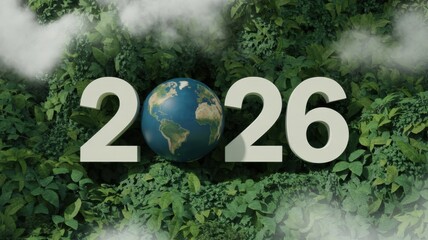 The number 2026 with the earth at its center, emerging from a dense green forest canopy