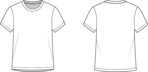 Basic crew neck t-shirt front and back, clean apparel template outline, minimalist clothing design sketch for fashion, cad drawing flat vector illustration © Nur-Nobin Creations