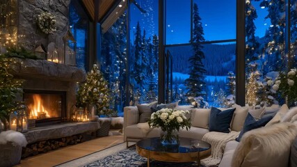 Luxurious living space with roaring fireplace and elegant Christmas decorations, large glass windows overlooking a snowy forest, reflections of flames dancing on polished wood floo