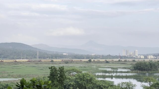 Indian Train passes into the beautiful landscape