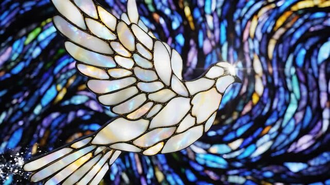 Stained glass dove symbolizing hope and peace against abstract background